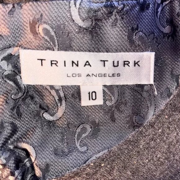 Trina Turk Shift Dress 10 Knit Wool Blend Gray Gold Pockets Ruffle Pleat USA - Picture 8 of 9